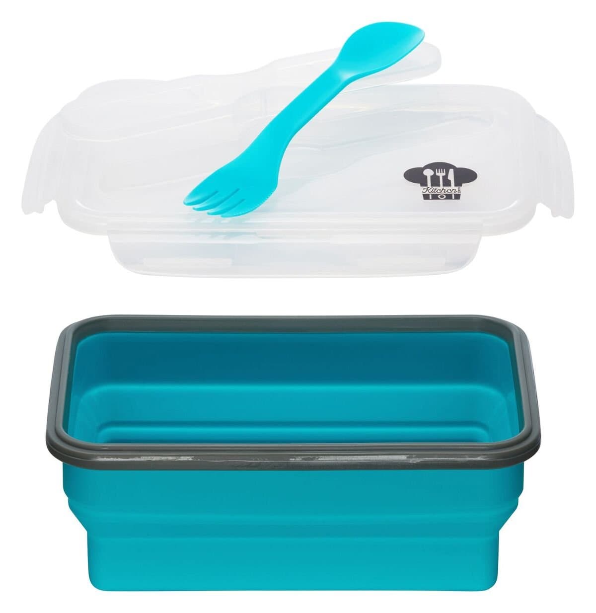 Kitchen Pro 101 Expandable and Collapsible Silicone School Lunch Box for Girls & Boys - 1 Compartment Bento Box Container for Kids/Adults - As Seen On TV (Blue) - Comes with Utensil