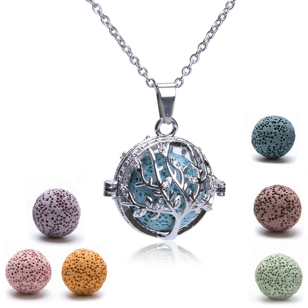 Bivei Essential Oil Diffuser Necklace Lava Rock Stone Bead Aromatherapy Zirconium Tree of Life Locket Pendant
