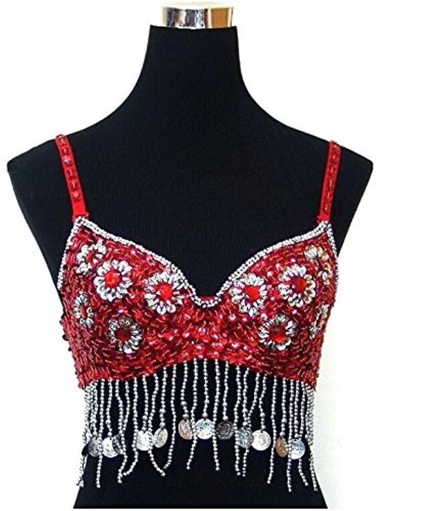 Professional Belly Dance Sequin Beaded Bra Top -Red 34AB
