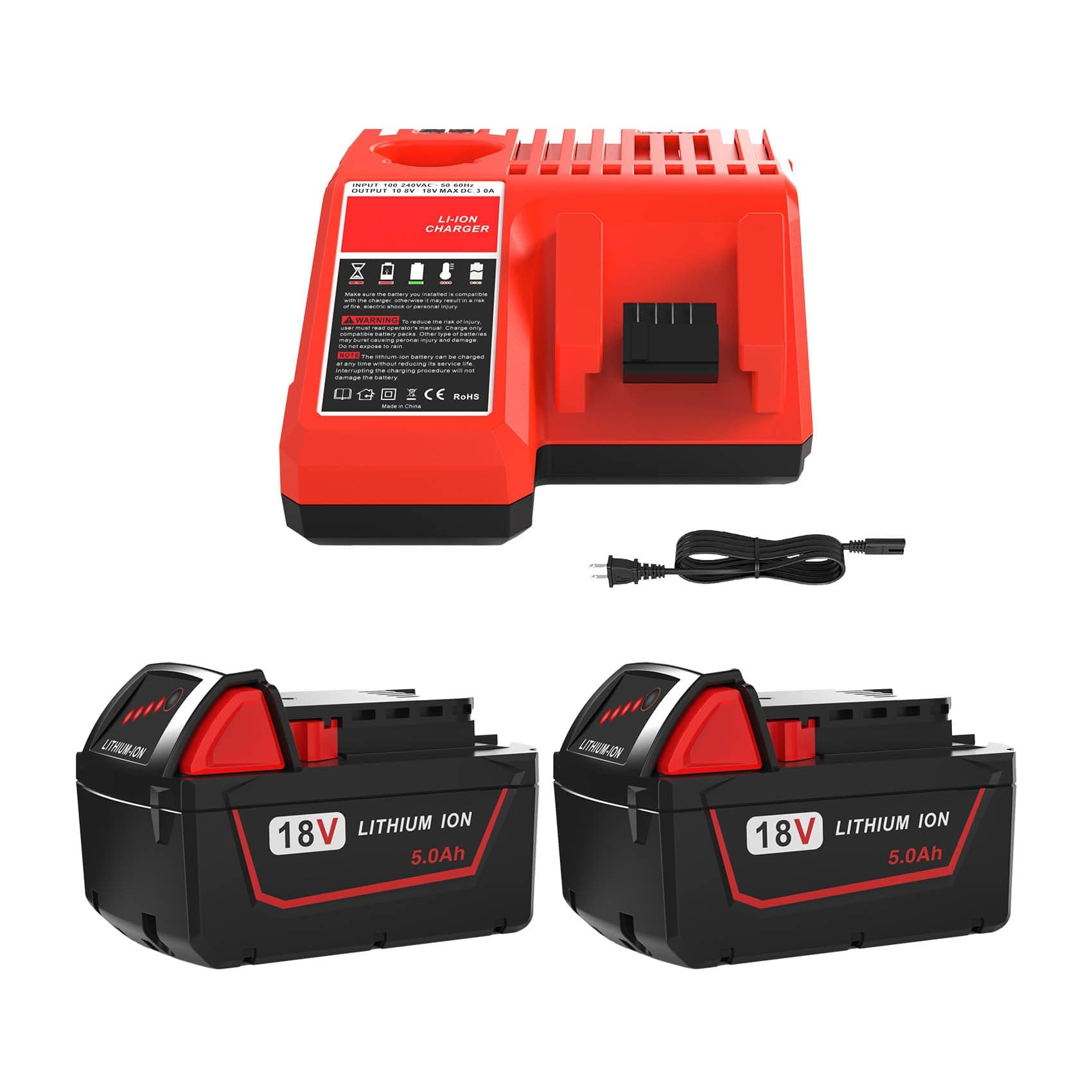 2 Pack 5.0Ah Replacement for Milwaukee M18 Lithium ion Battery 48-11-1850 and Charger Combo, Compatible with M18 Cordless Power Tools 18V Lithium Battery, and Milwaukee 18V Battery Charger