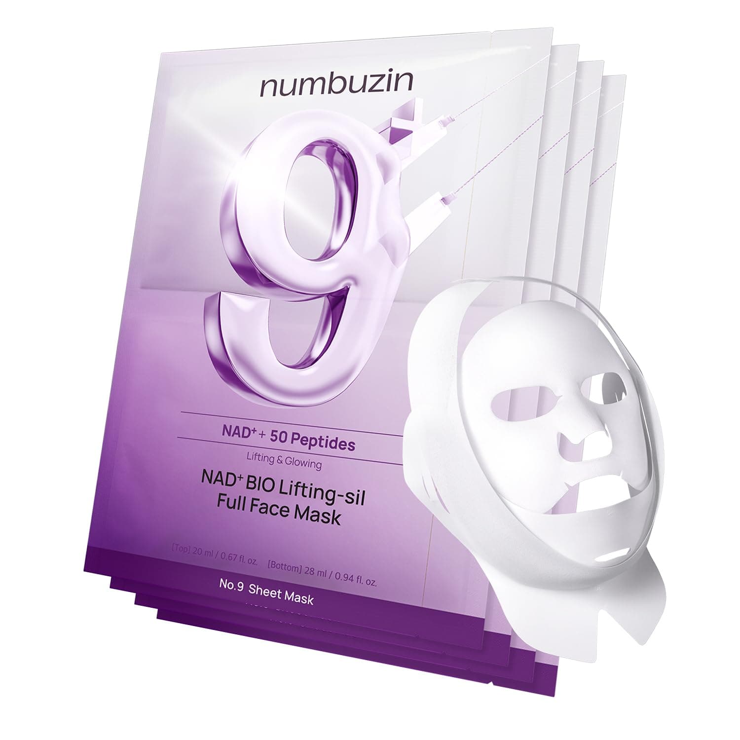 numbuzin No.9 Sheet Mask | NAD+ BIO Full Face Mask | Improves Jawline, Jowls, Wrinkles, Neck Lines | Peptides, NAD+, Collagen | Skin Firmness | 4 Sheets + Band