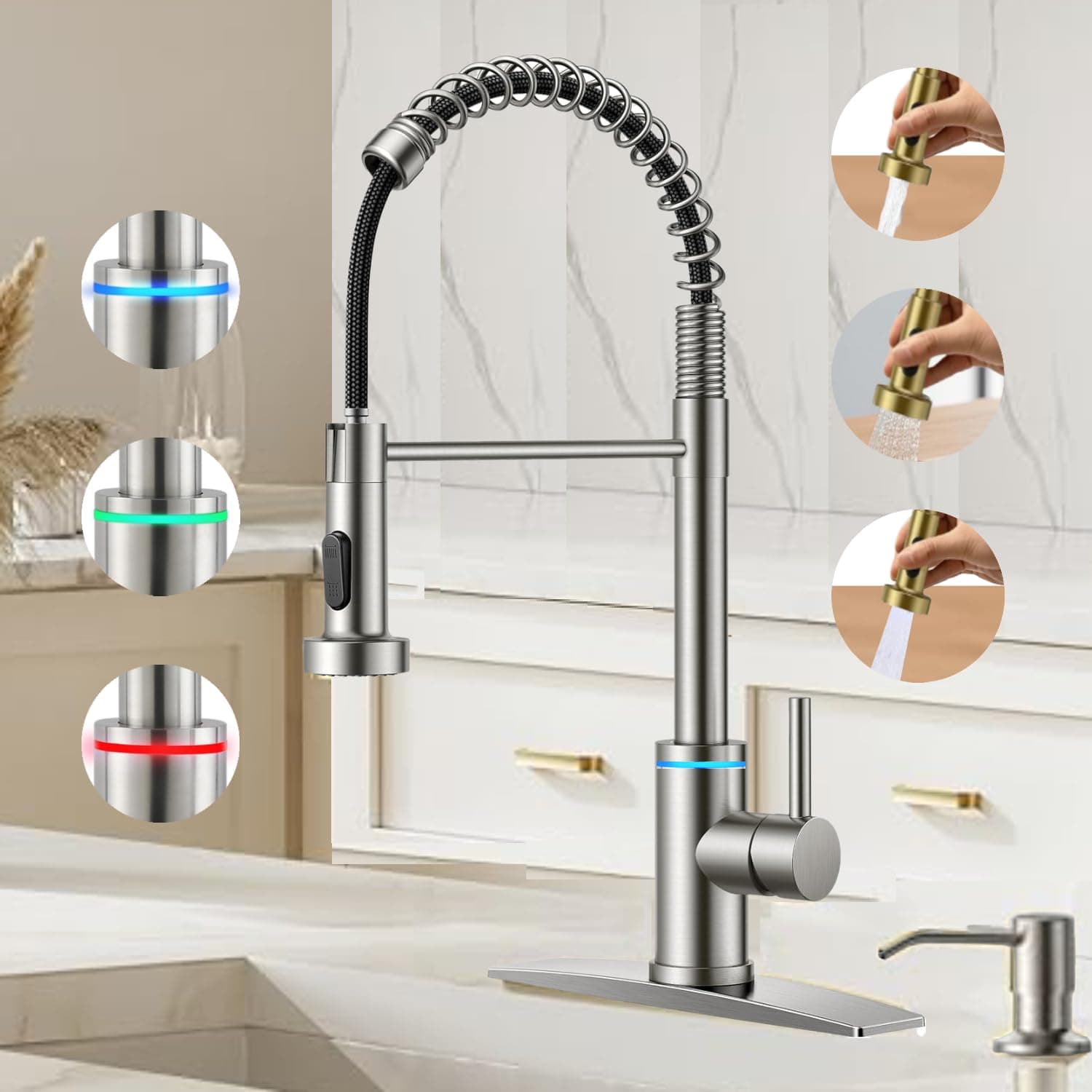 Smart Kitchen Faucet, 3 Modes Pull Down Sprayer, LED Temperature Control, Ceramic Valve, 360-Degree Rotation, 1 or 3 Hole Deck Plate. 10-Year Warranty. (KW-56SN, Brushed Nickel)