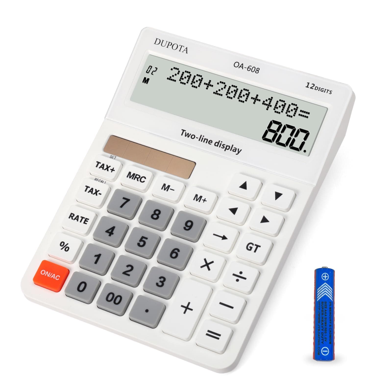 Desktop Calculator Large Display Big Buttons with 12 Digits 2-line LCD, Dual Solar Power and Battery, Calculator with Tax and Check Function for Office, Home, School and Business Large Size(OA-608)