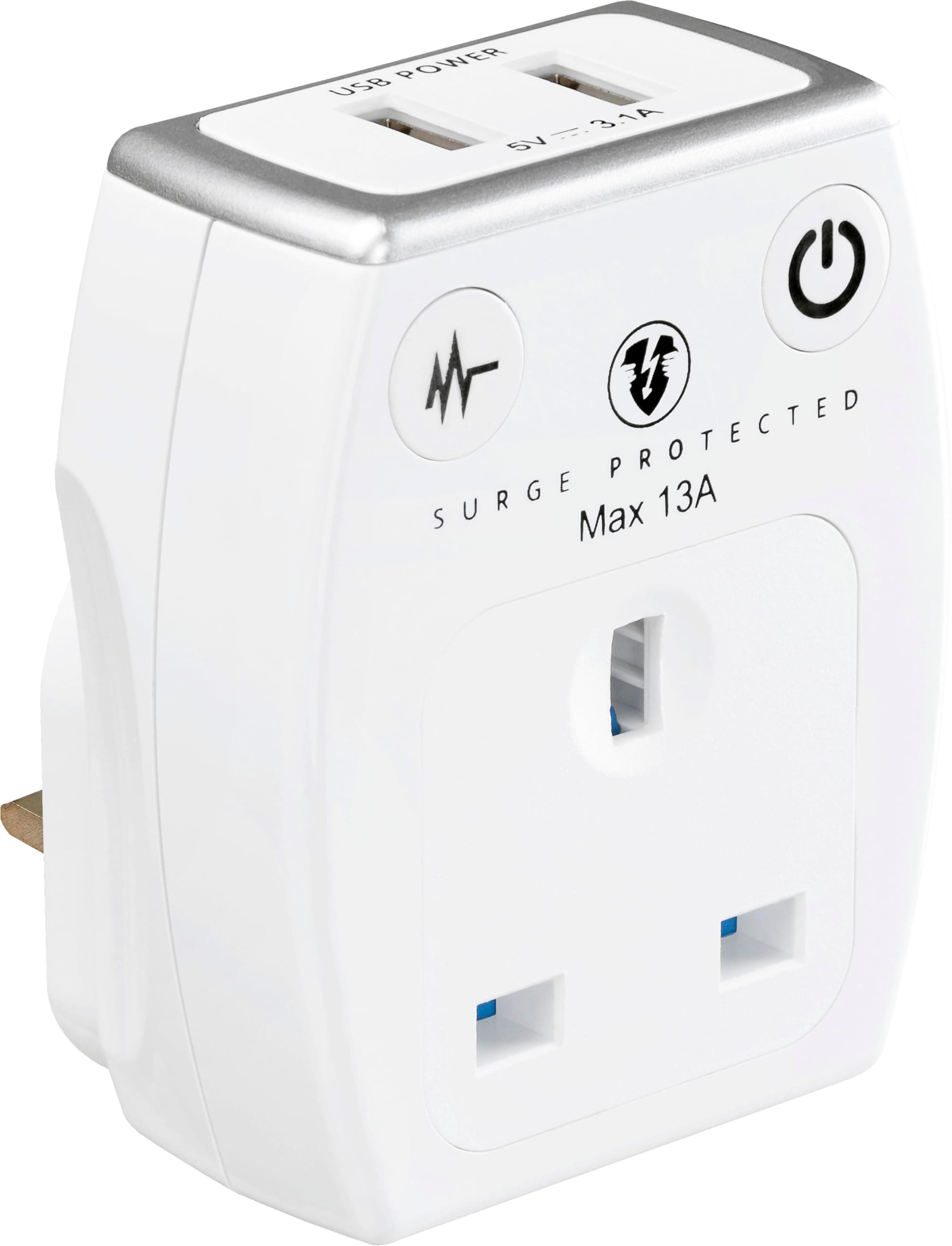 Masterplug Single Socket Surge Protected Power Adaptor with Two USB Charging Points, Gloss White