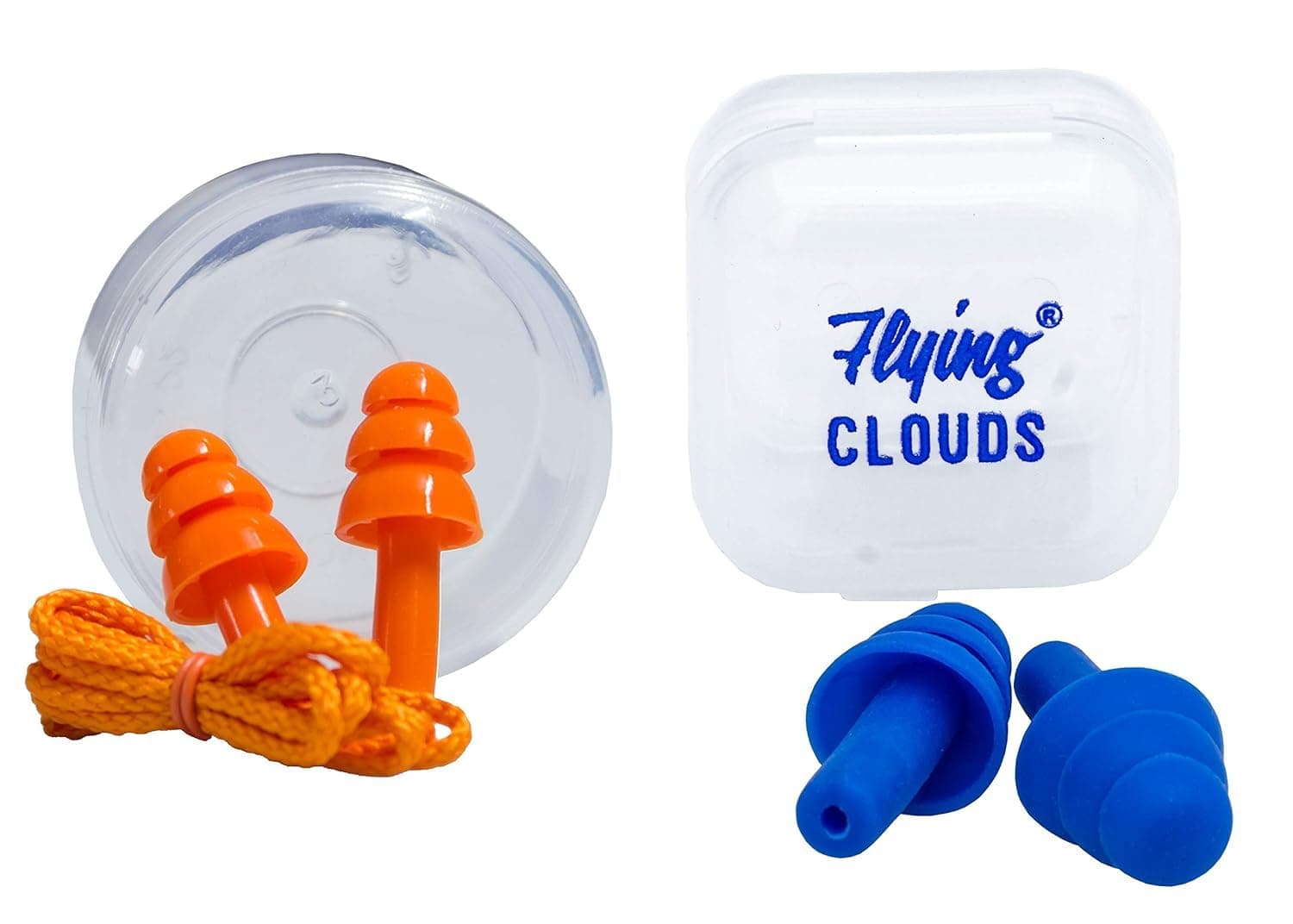 flying CLOUDS Soft Silicone Noise Reduction Ear Plugs for Sleeping, Meditation, Swimming adult and child, Combo Pack of 2 Pairs (4 units), Reusable Earmuff (blue + Orange (corded))