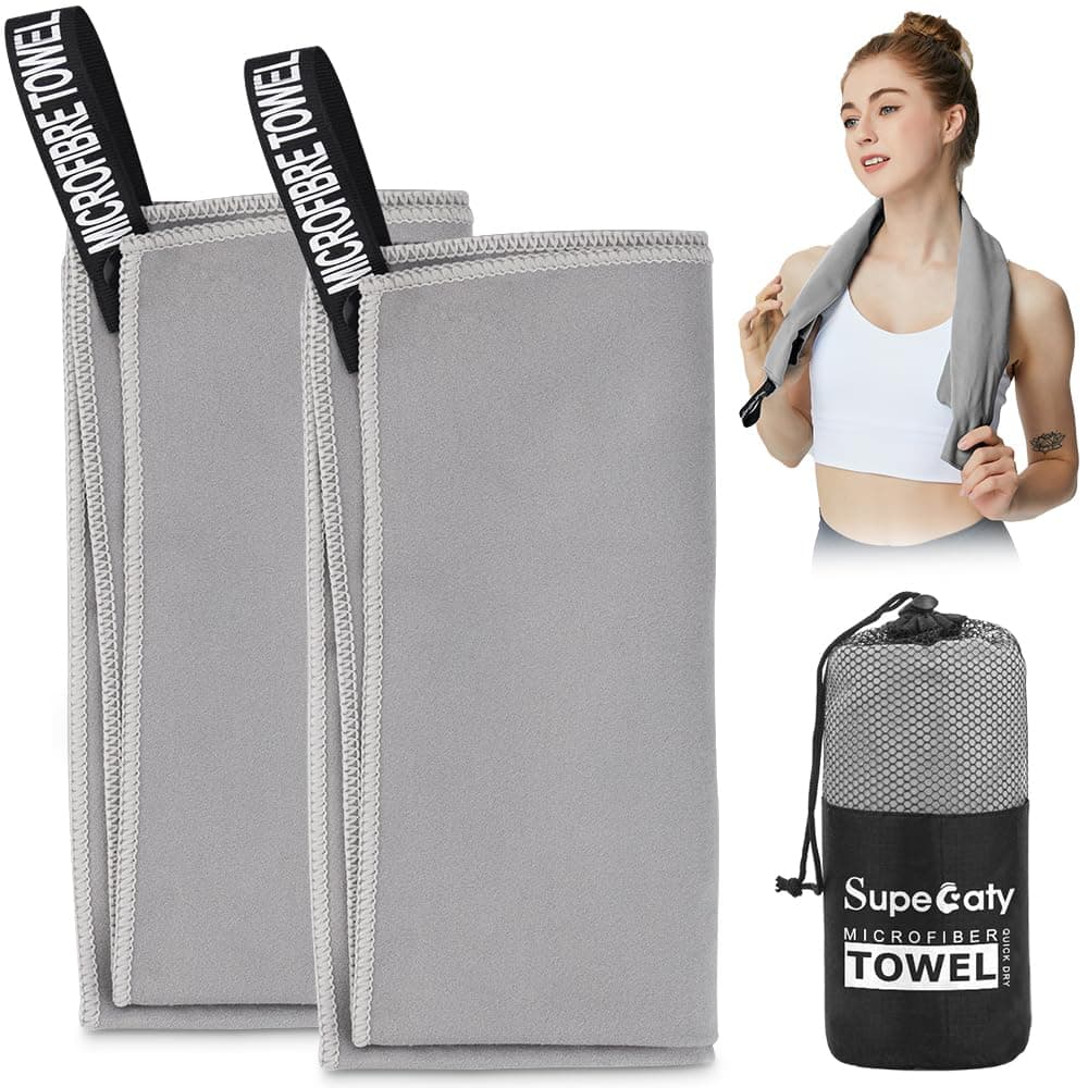 2 Pack Quick Drying Gym Towel 40 x 80CM Soft Microfiber Lightweight Sport Sweat Towel Perfect Travel Camping Towel Super Absorbent Ultra Compact for Gym Sport Yoga Backpacking Beach Swimming, Gray