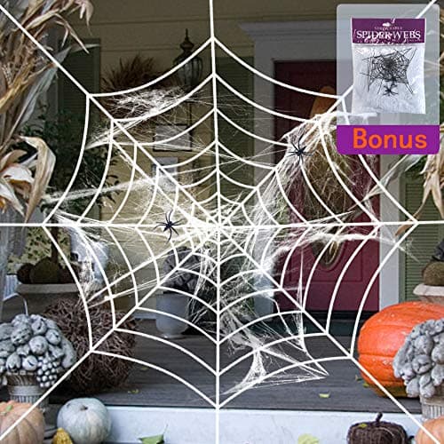 KIAYACI 9 Feet Stretchable Halloween Spider Web with Cobweb Set, Spider Halloween Decoration Decor Outdoor Yard Haunted House Party Decor Supplies Round White