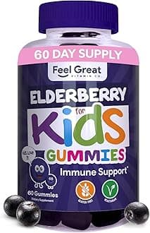 Feel Great Kids Elderberry Gummies with Zinc and Vitamin C | Immune Support Sambucus Elderberry | Berry Flavored Vegan Kids Multivitamins | 60 Day Supply