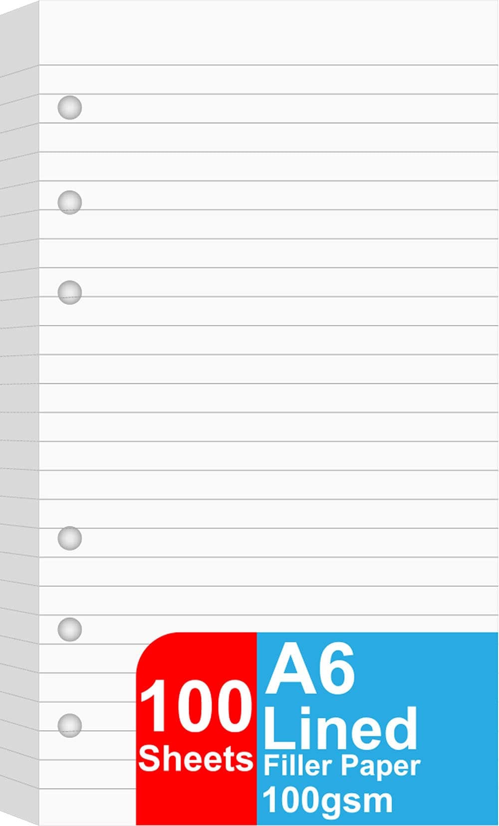 Getvow A6 Lined Refill Paper, 100 Sheets/200 Pages Loose Leaf Paper for Filofax Person Binders, 6 Holes Punched, 100gsm Ruled White Filler Paper, 3.75'' x 6.75''