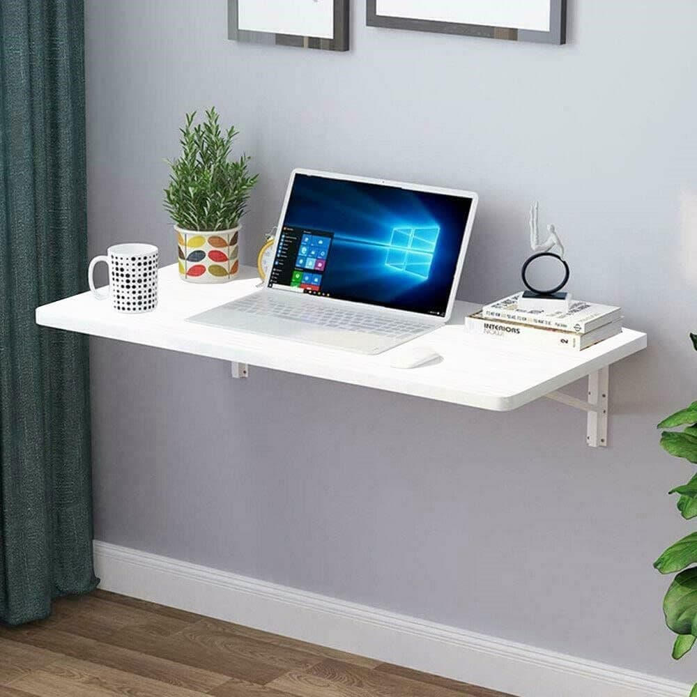 VITION Computer Wall Mount Stand Folding Wall-Mounted Drop-Leaf Table,Metal Folding Shelf Bench Table Bracket (White, 30 X 50 cm)