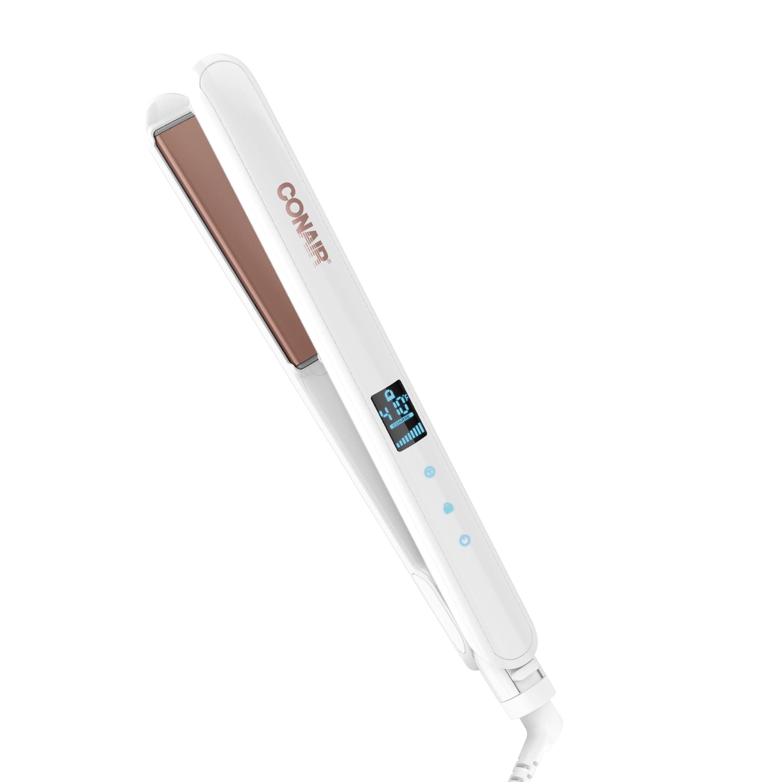 Conair Double Ceramic Flat Iron, 1-Inch Flat Iron, 5 Digital Temp Settings Up to 410°F, Extra-Long Plates, For All Hair Types and Textures, White