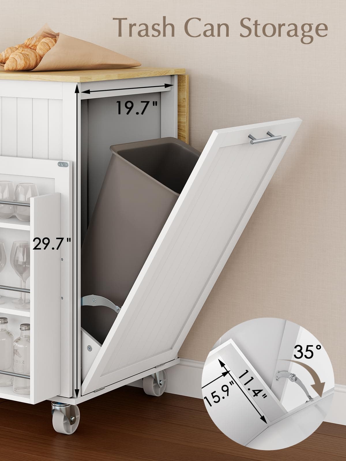 OtterOasis Kitchen Island with Storage, 31.5" D Rolling Kitchen Island Cart on Wheels with Widen Drop Leaf Rubberwood Top, Large Mobile Kitchen Islands with Trash Can Storage and Towel Bar, White