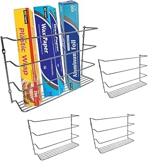 Evelots 4 Pack Plastic and Foil Wrap Organizer on Cabinet Door or Pantry Wall Rack - Sandwich, Freezer, Food Bag Storage Organizer - Bathroom Laundry Supplies, Kitchen Organization and Storage