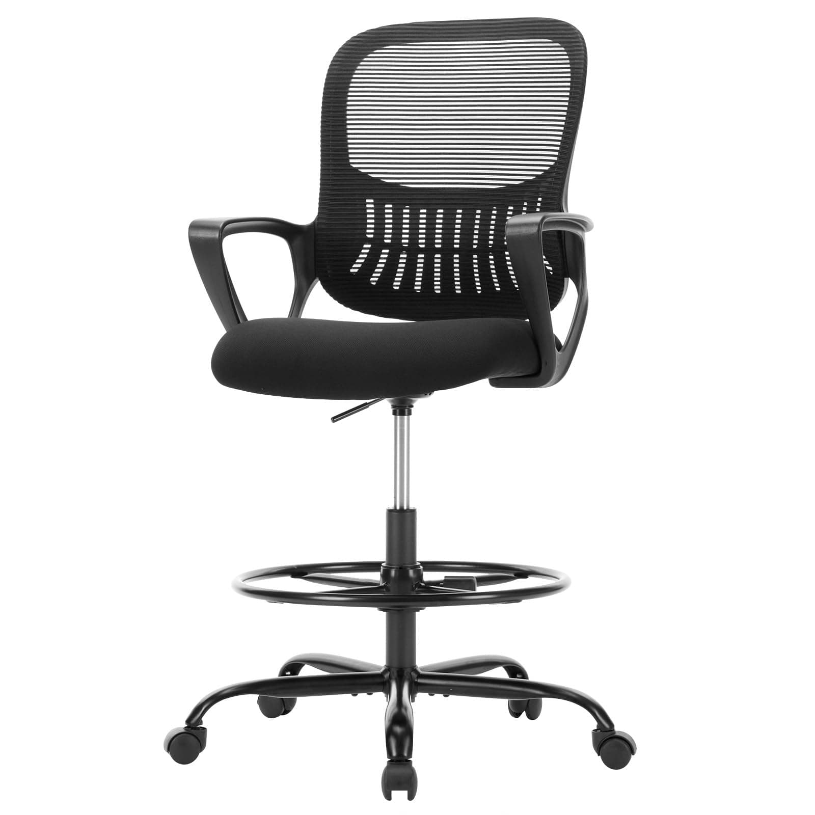 Sweetcrispy Tall Drafting Desk Chair - Ergonomic High Stool Computer with Adjustable Height and Comfy Lumbar Support, Office Rolling Counter with Flixed Arms and Footrest, Dark Black