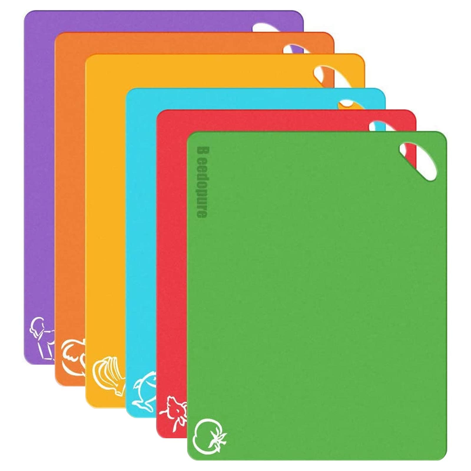 Flexible Plastic Cutting Boards for Kitchen Dishwasher Safe Thick Chopping Board Mats with Color Icons & Handles, Set of 6