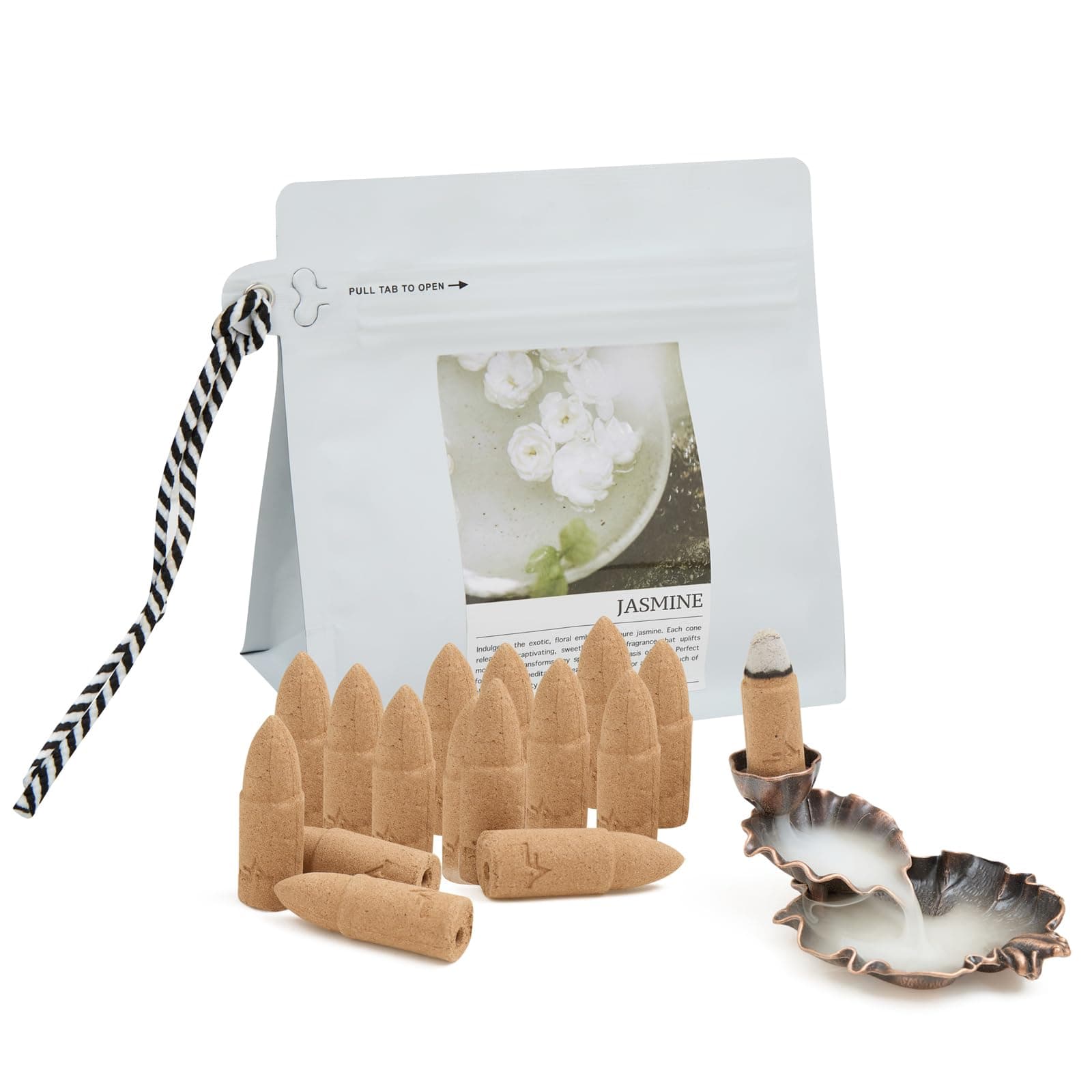 Jasmine Backflow Incense Cones - 50 Large Waterfall Back Flow Cones Scented - Includes 1 backflow Incense Burner
