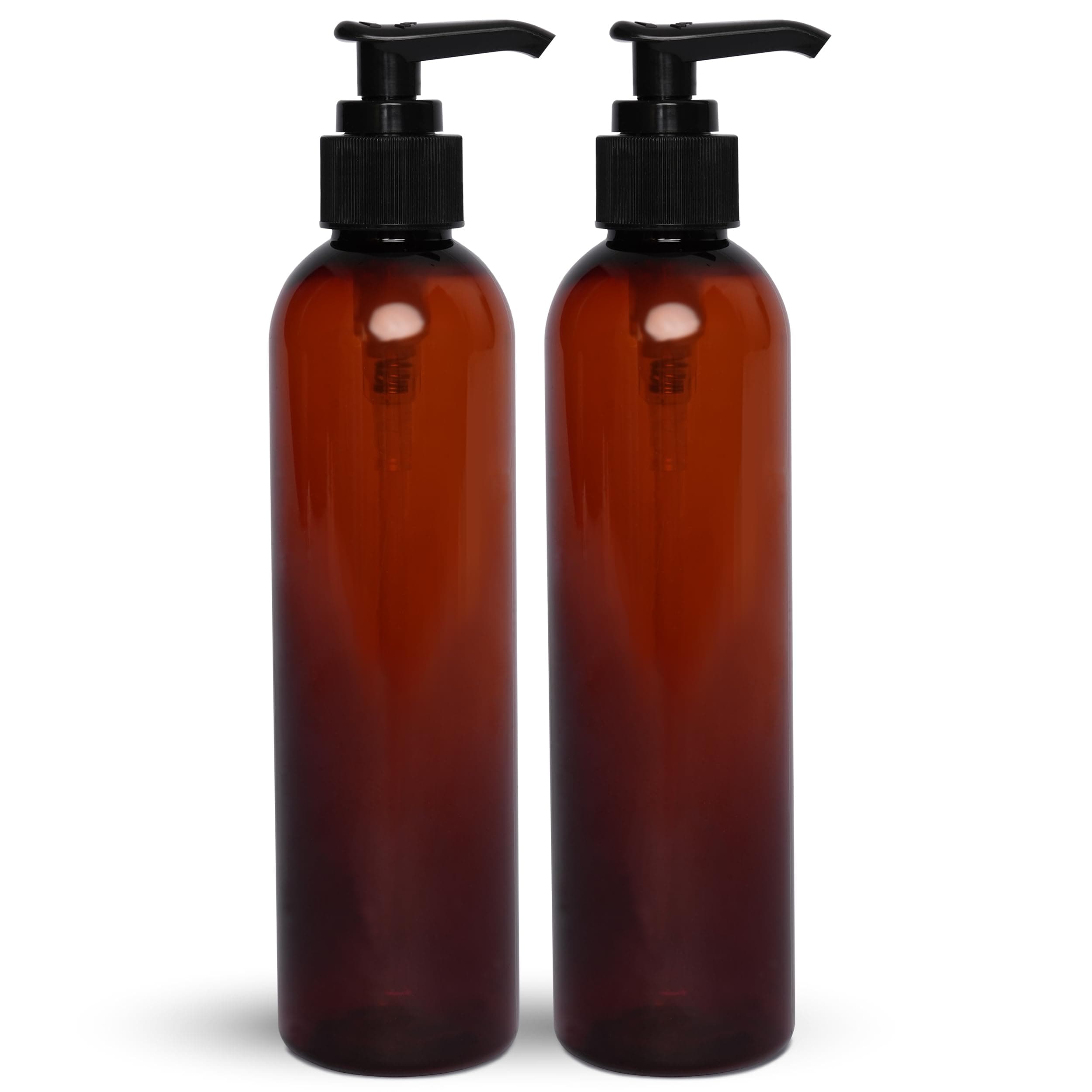 Lotion Pump Bottles, Empty 8 OZ, BPA-Free Refillable Plastic Containers, Amber with Black Dispenser for - Soap, Shampoo, Lotions, Liquid Body Soap, Creams and Massage Oil (2 Pack)