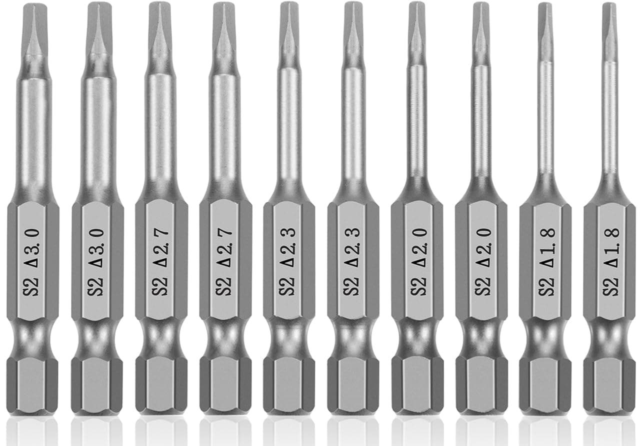 Triangle Drill Bit Set (10pcs- 2" Long S2 Steel Magnetic Heads) 1/4 Inch Hex Shank Triangle Screwdriver Bits Sizes 1.8mm, 2mm, 2.3mm, 2.7mm, 3mm (2 of Each Size)