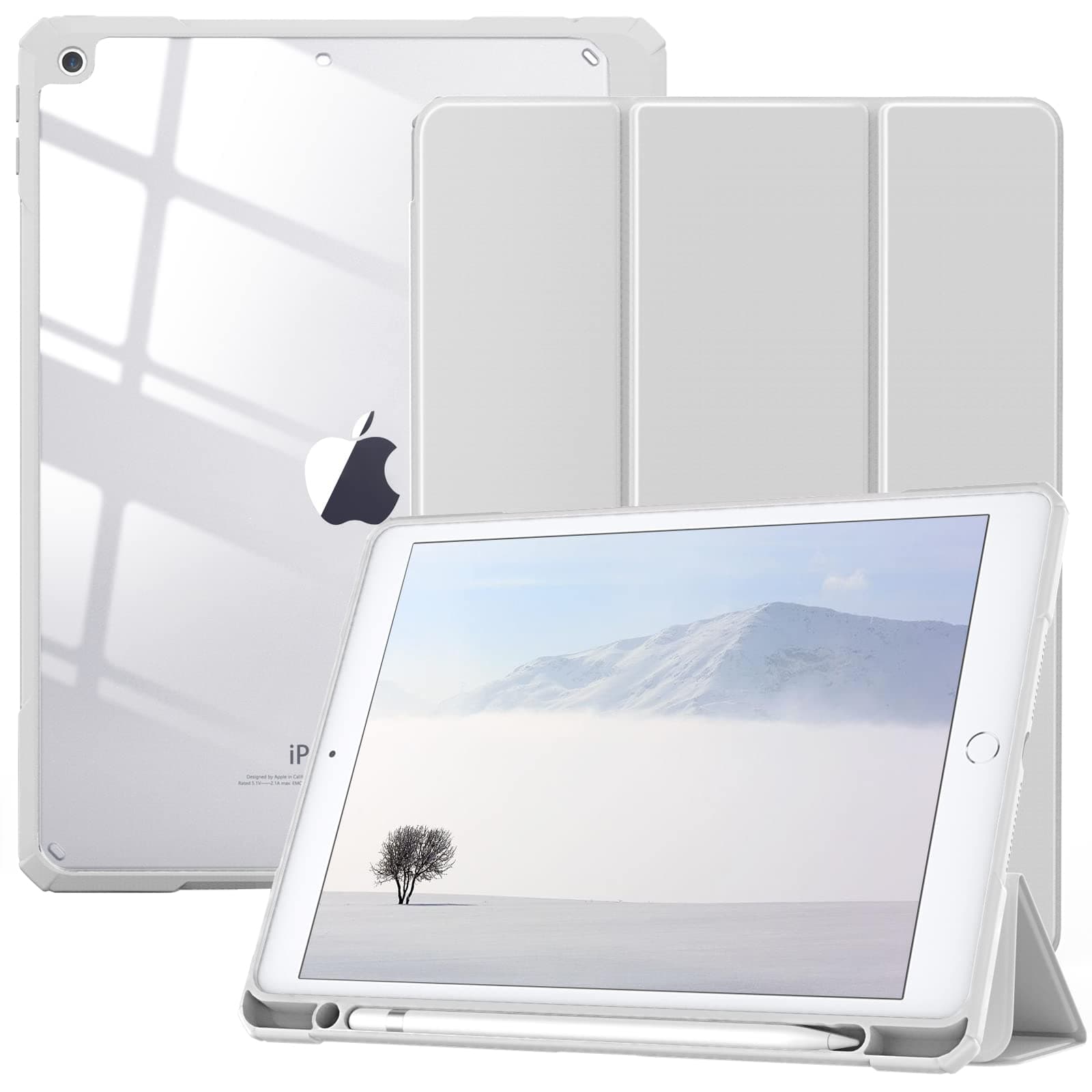Case for iPad 9th Generation 2021/iPad 8th Generation 2020/iPad 7th Generation 2019 10.2 inch with Pencil Holder, Slim Protective Cover with Clear Back Shell, Auto Wake/Sleep, Light Gray