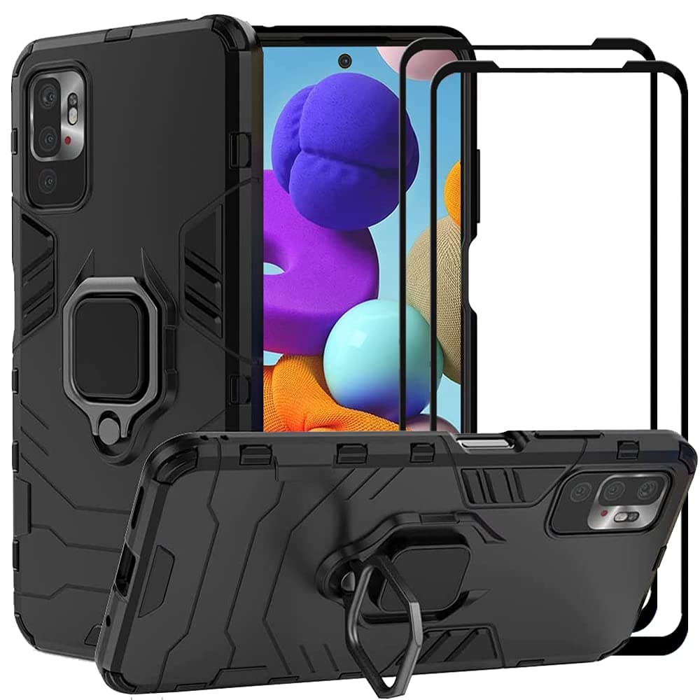 for Xiaomi Redmi Note 10 5G (Not fit Note 10 4G) Case with Screen Protector Tempered Glass (2-Pack), Hybrid Rugged Heavy Duty Anti-Scratch Dual Layer Shockproof Case Cover,Black