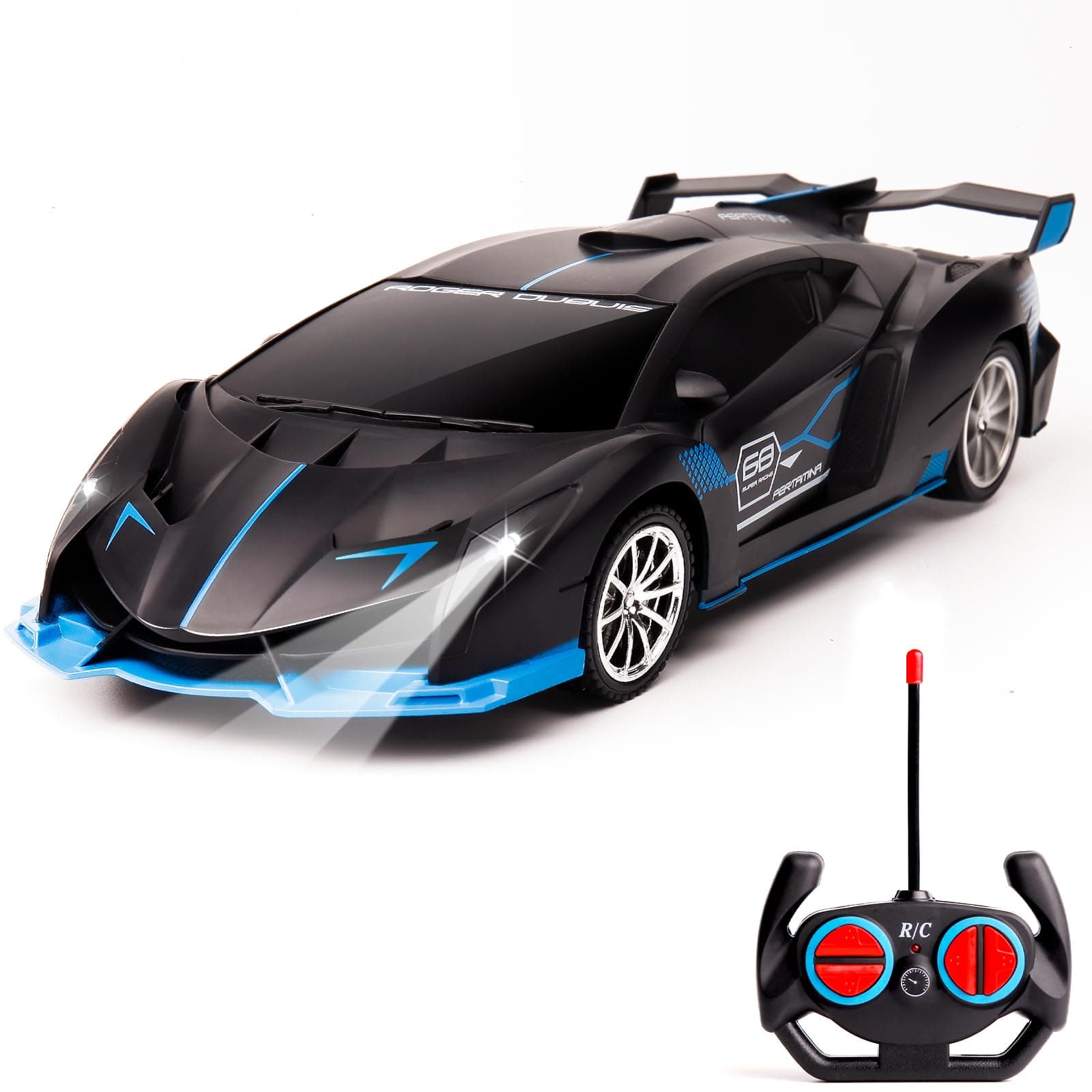 Remote Control Car for Boys Fast 1/18 Scale Rechargeable RC Vehicle Cars Toys Xmas Gifts for Kids High Speed with Headlights (Black Blue)