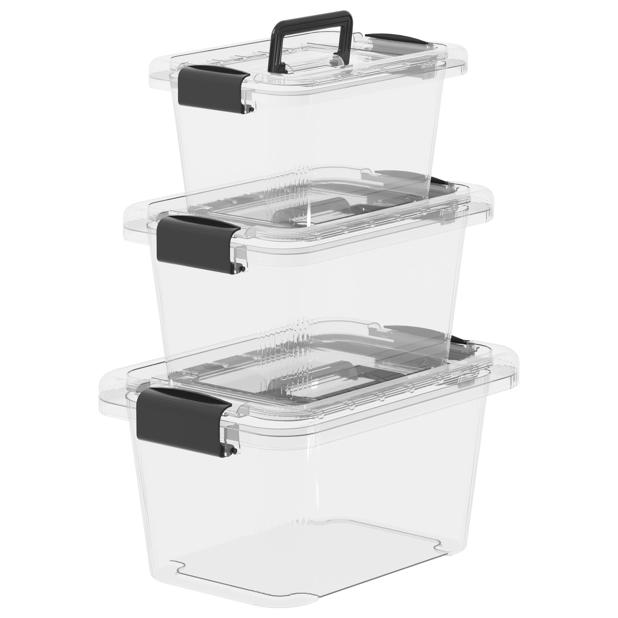 Cetomo6.8Qt 12Qt 20Qt Plactic Storage Bins, Stack Tote Storage Box with Handles, Clear, Set of 3 Different Size Boxes