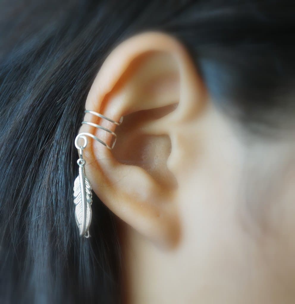 7) Double Little Bird Silver Feather Ear Cuff