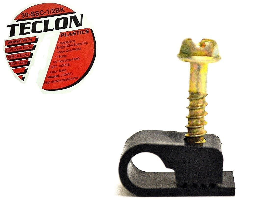 Teclon Black Single Flex Cable Clip with Screw for Coaxial, RG6, RG59 (2,000 Pieces)