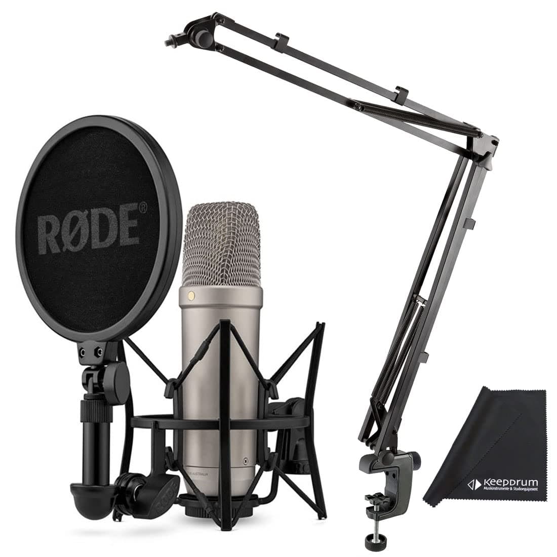 Rode NT1 5th Generation XLR USB Studio Microphone Silver + K&M 23840 Articulated Arm Tripod + Keepdrum Microfibre Cloth
