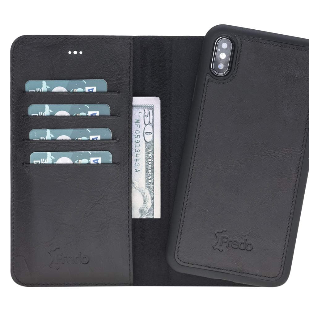 FREDO iPhone XS Max Case Genuine Leather Case Flip Folio Book Case with Card&Cash Slots and Detachable 2-IN1 Design Wallet Cover for Apple iPhone XS-Max Black * HANDMADE IN EUROPE *
