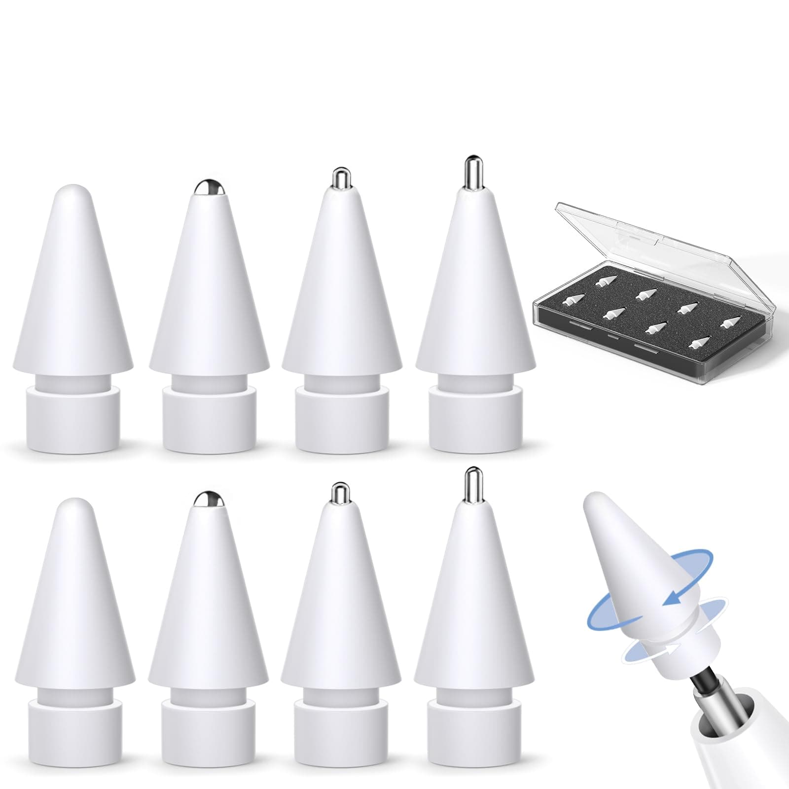 8 Pack for Apple Pencil Tips Replacement Accessories,Compatible with Apple Pencil Pro/2nd Generation/1st Generation/USB C,iPencil Nib for iPad Pro/Air/Mini,for Drawing Writing(White Metal Nib)