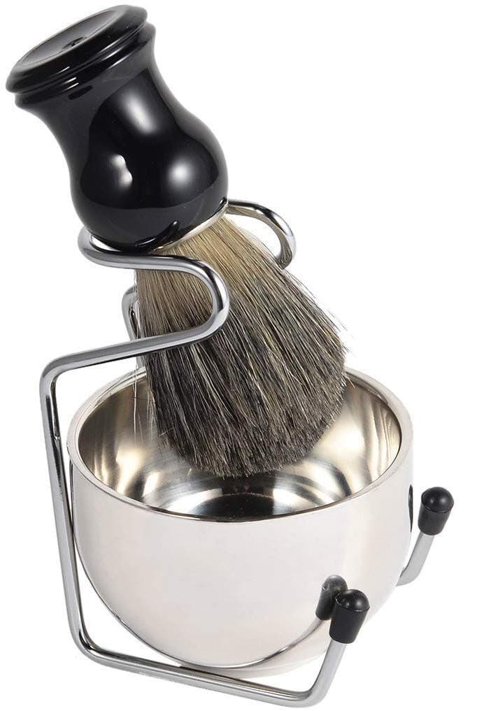 Stainless Shaving Brush Stand Set, Natural Solid Wood Handle Stainless Steel Shaving Brush Stand Holder and Soap Bowl Mug Set for Safety Razor Brush Perfect for Men Gift
