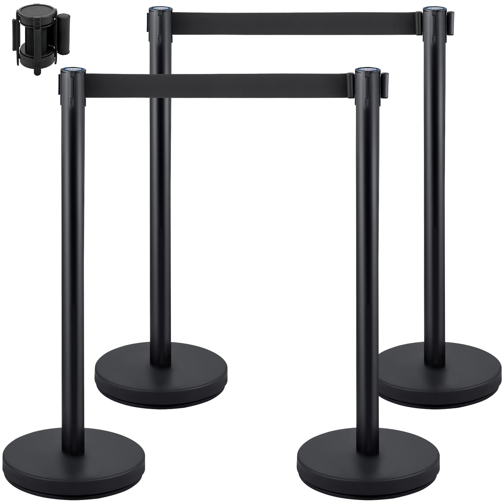 Crowd Control Stanchion Set, Stanchion Set with 6.6 ft/2 m Black Retractable Belt, Black Crowd Control Barrier w/Concrete and Metal Base - Easy Connect Assembly (4)