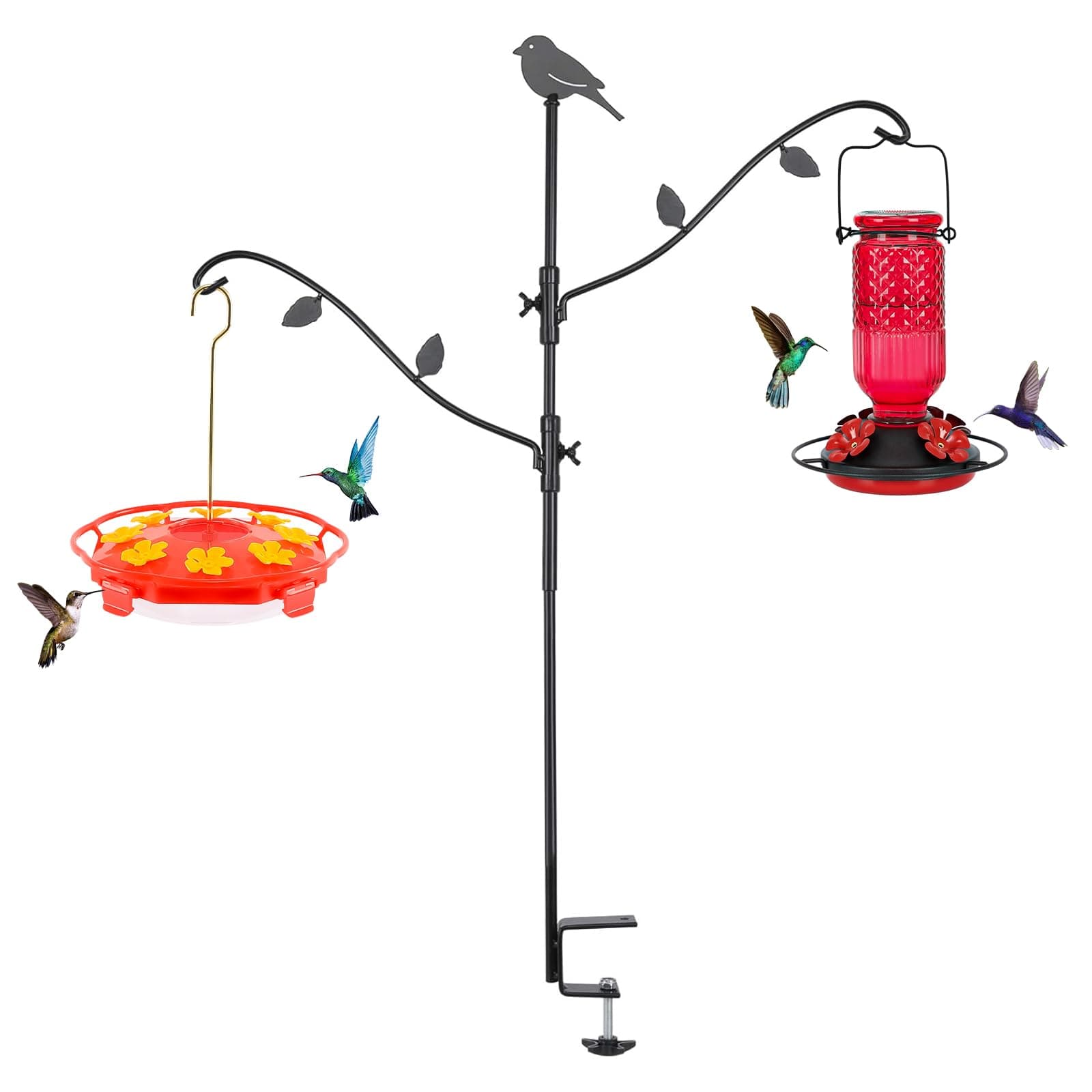 FEED GARDEN Deck Bird Feeder Pole, 42 Inches, Multiple Hooks, Adjustable, Detachable, Heavy Duty Steel, Stable, Black, Bird Feeder Porch for Deck Kit for Outside Bird Feeder and Plant Hangers