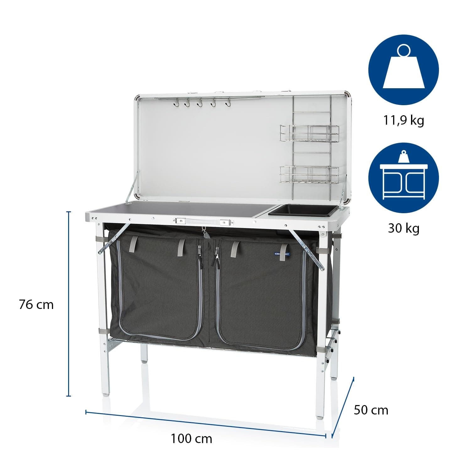 Campart Camping Kitchen Granada – Fold-out windshield – With sink, sink organizer and towelrack – 2 shelves – 4 adjustable feet – Grey – KI-0757