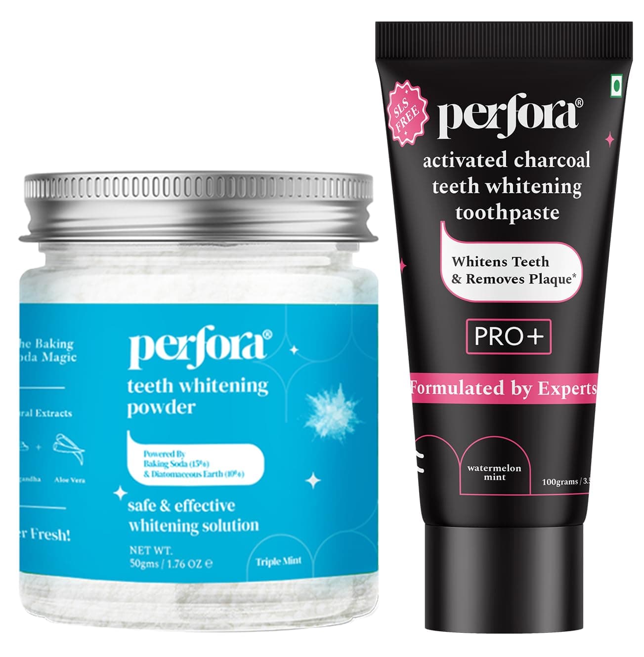 Perfora Teeth Whitening Kit | Activated Charcoal Teeth Whitening Toothpaste | Teeth Whitening Powder -Triple Mint | Vitamin Enriched SLS & Fluoride Free | SLS Free & Made Safe Certified | Pack of 2