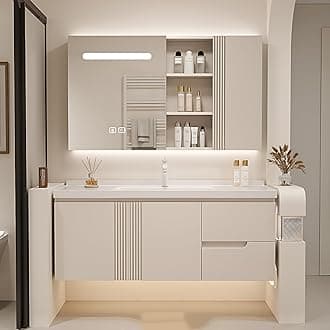 Bathroom Vanity with Sink - Floating Bathroom Vanity Contains LED Smart Defog Mirror Cabinet | Solid Wood Bathroom Vanity | Wall Mounted Installation (32")
