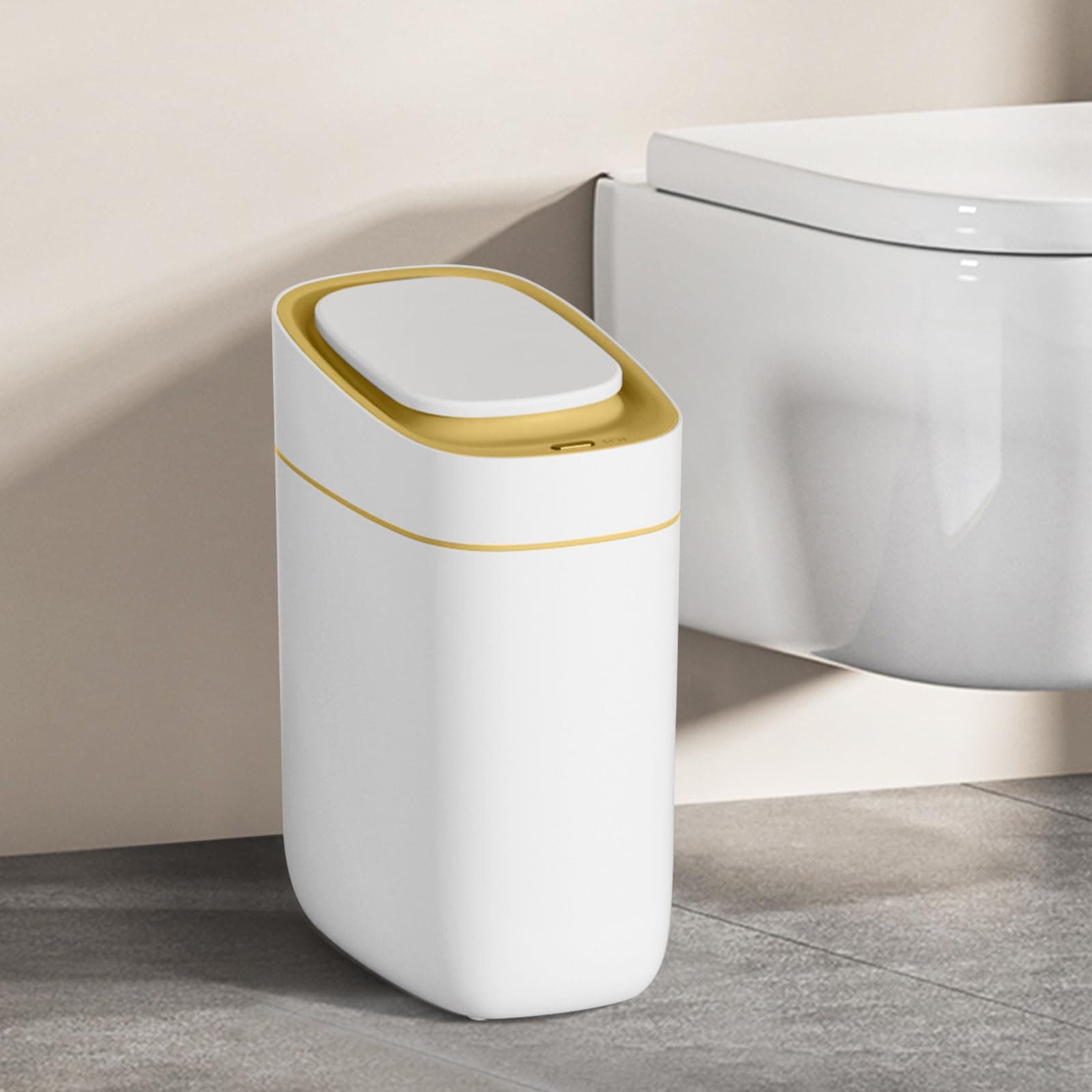 Automatic Bathroom Trash Can with Lid 2.5 Gallon Slim Sensor Garbage Can, 9L Narrow Plastic Trash Bin, Waterproof Motion Sensor Trash Bin for Bedroom, Living Room, Narrow Space, Golden