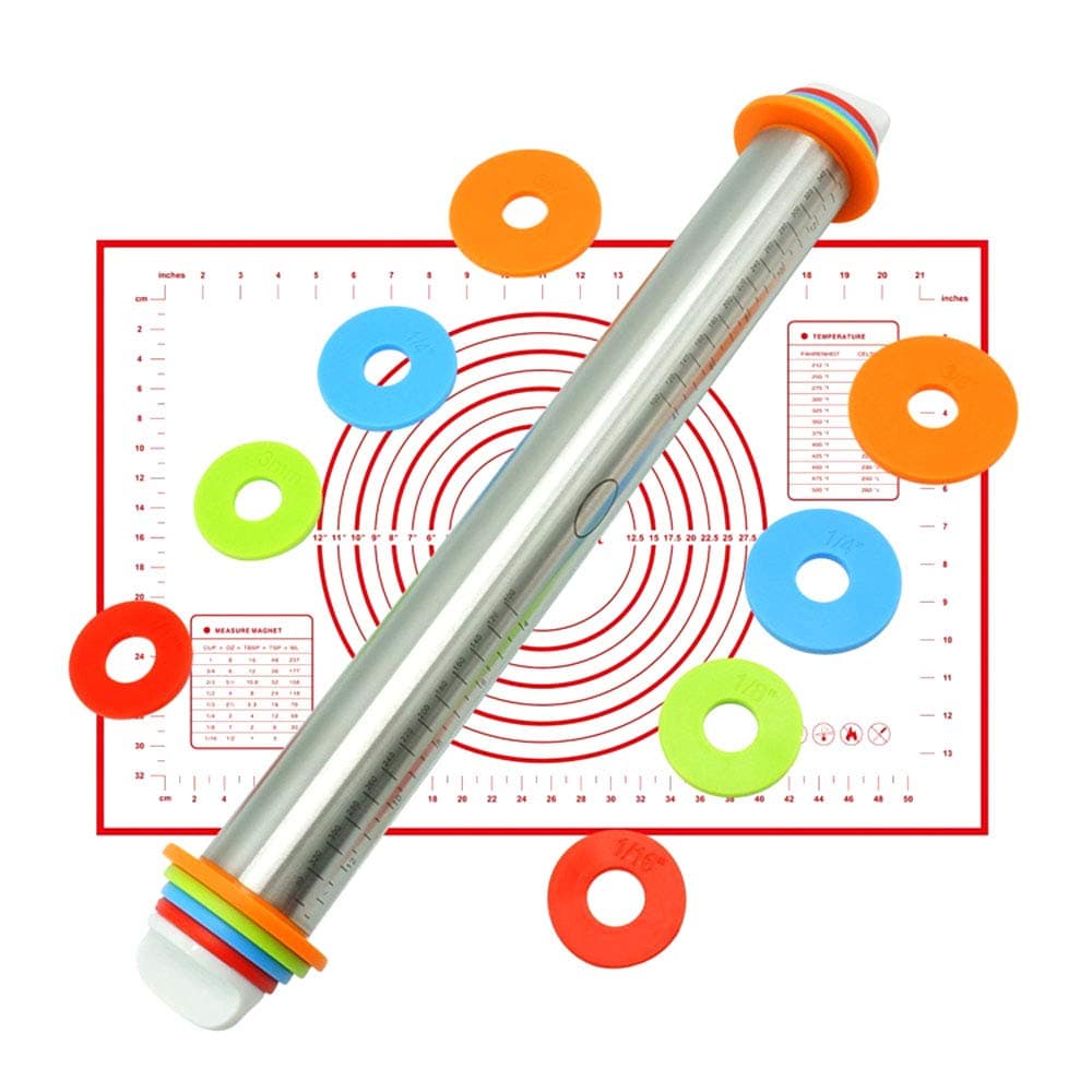 Adjustable Rolling Pins for Baking with Thickness Rings and FREE Pastry Mat Dough Roller for Bakery Dough Pizza Pie Chapati Fondant Crust Pasta, 17 inch STAINLESS STEEL ROLLER PIN BAKING