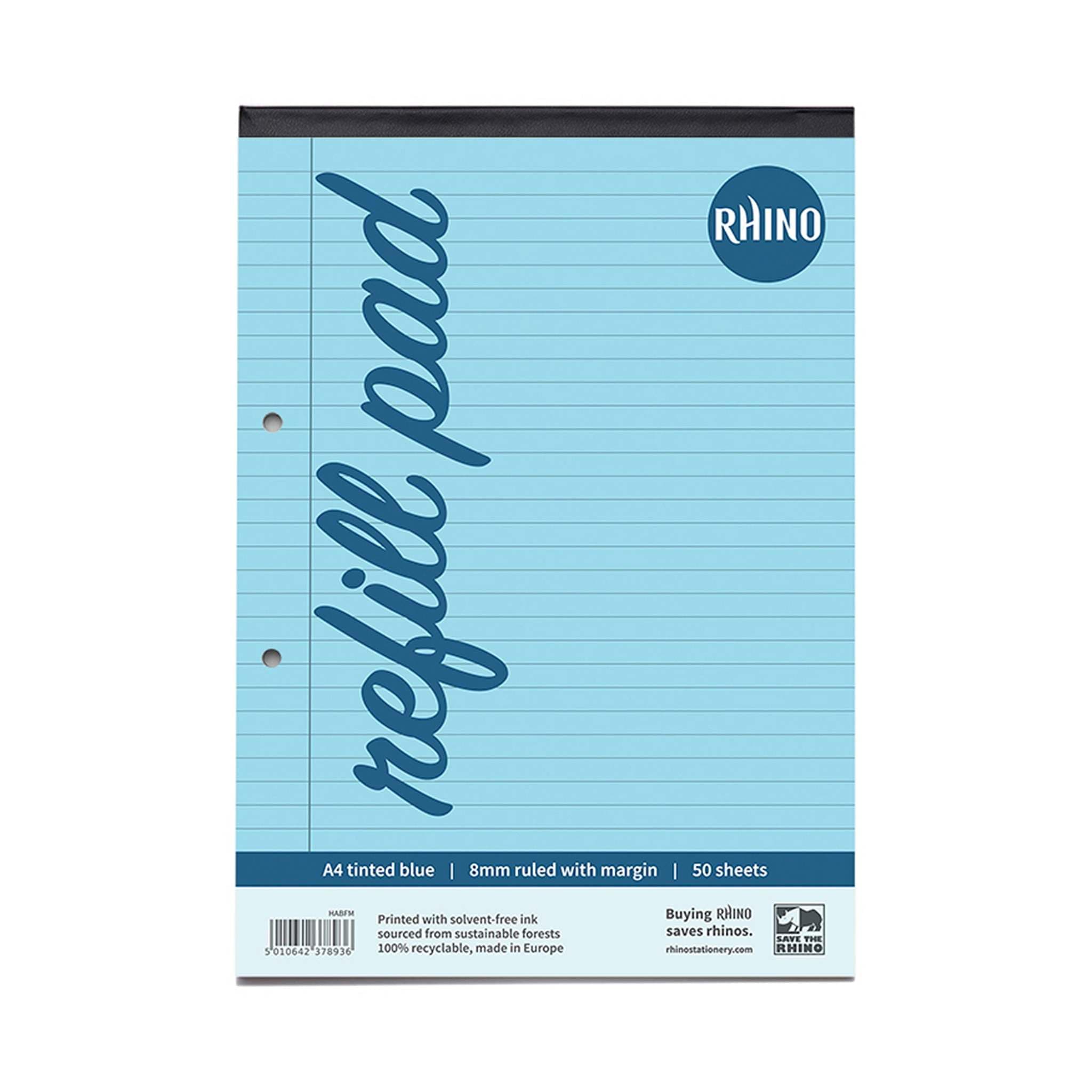 RHINO A4 Refill Pad, Writing Pad, 100 Page / 8mm Lined, 1 Pack, Blue Lined Writing Paper for Dyslexia & SEN, Office & School Stationery Supplies