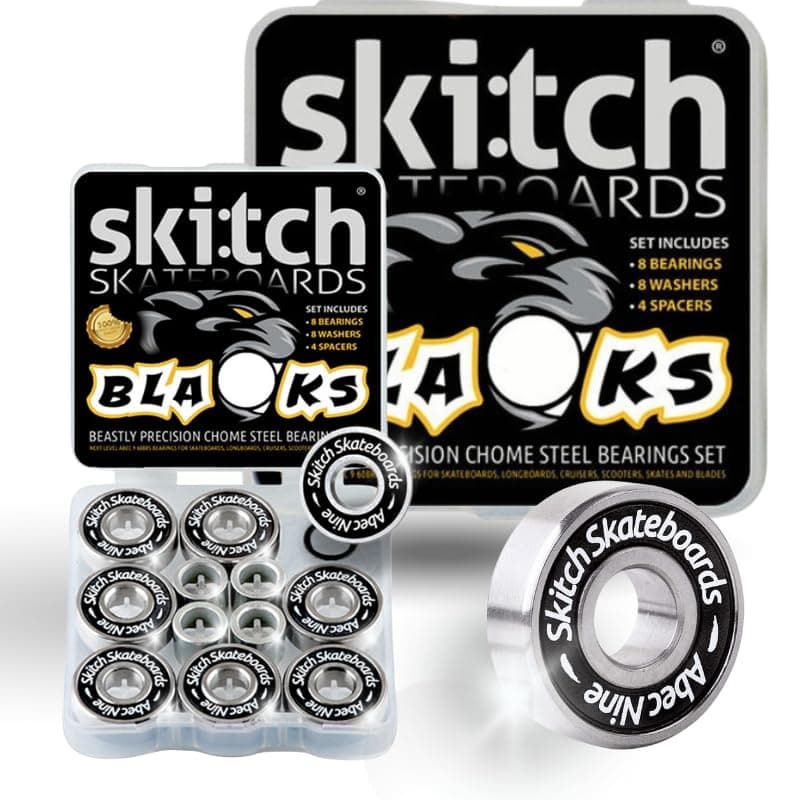 SKITCH Pro Skateboard Bearings Set - Precision Fast Spin ABEC 9 Chrome Steel Bearing Kit for Longboards, Skate Boards, Scooters and Roller Skates + Spacers + Washers + BONUS Carry Case (8-Pack, Black)