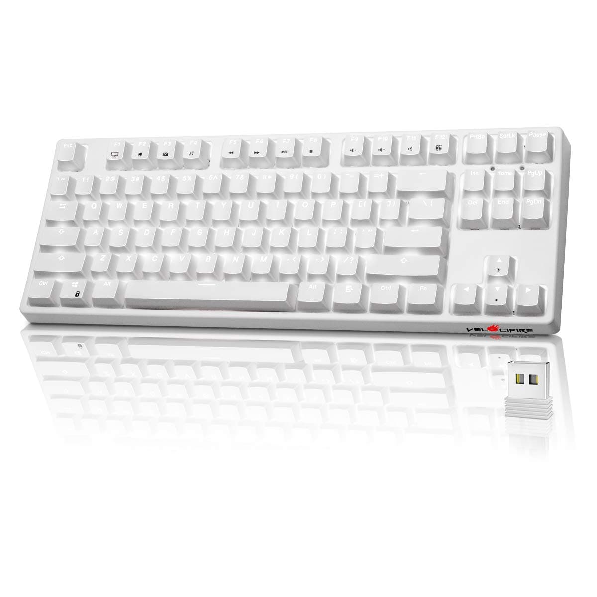 VELOCIFIRE Wireless Mechanical Keyboard, TKL02WS TKL 87 Key Ergonomic Linear Red Switches Mechanical Gaming Keyboard with White LED Backlit for Copywriters, Typists, and Programmers(White)