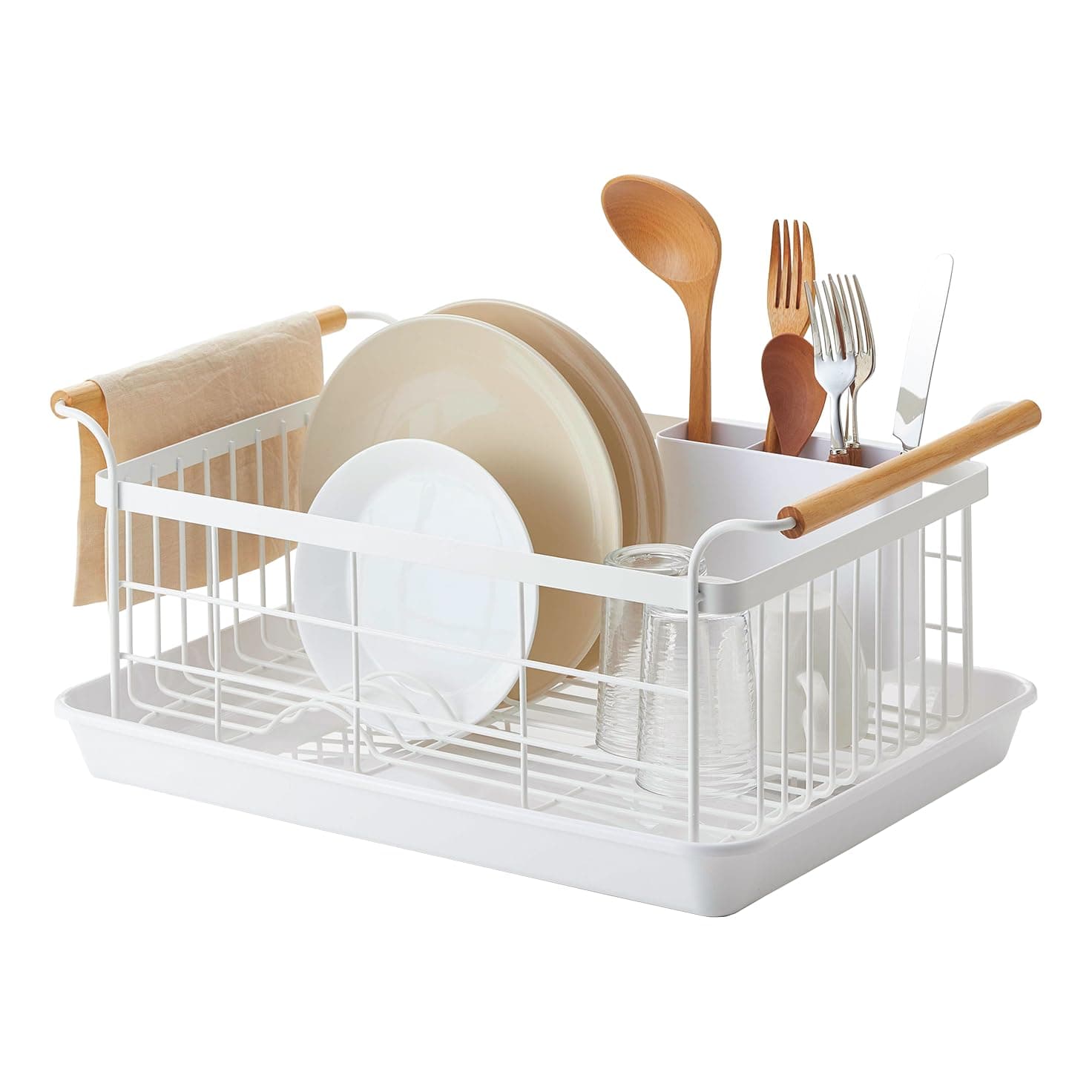 Home Dish Drying Rack – Modern White Dish Rack for Kitchen Counter with Removable Drainer Tray and Cutlery Holder, Steel + Wood Dish Drying Organizer - Steel + Wood -