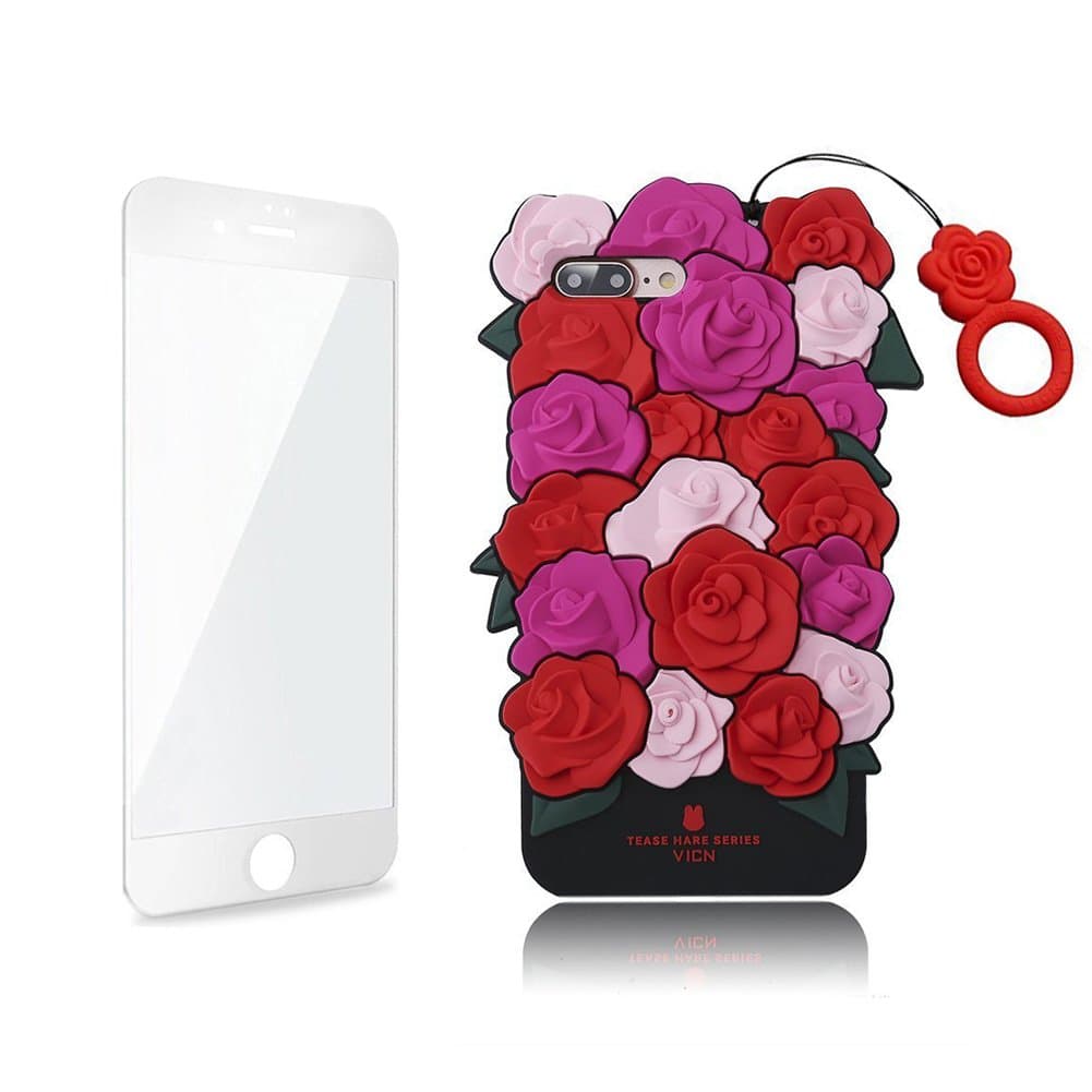 Cute iPhone 7 Plus Case,TTWO [LOVE SERIES] 3D Shockproof Scratch-resistant Silicone Case and Design with 20 Roses,Come with A Tempered Glass Screen Protector and A Nice Wrist Strap - Gift Packaging