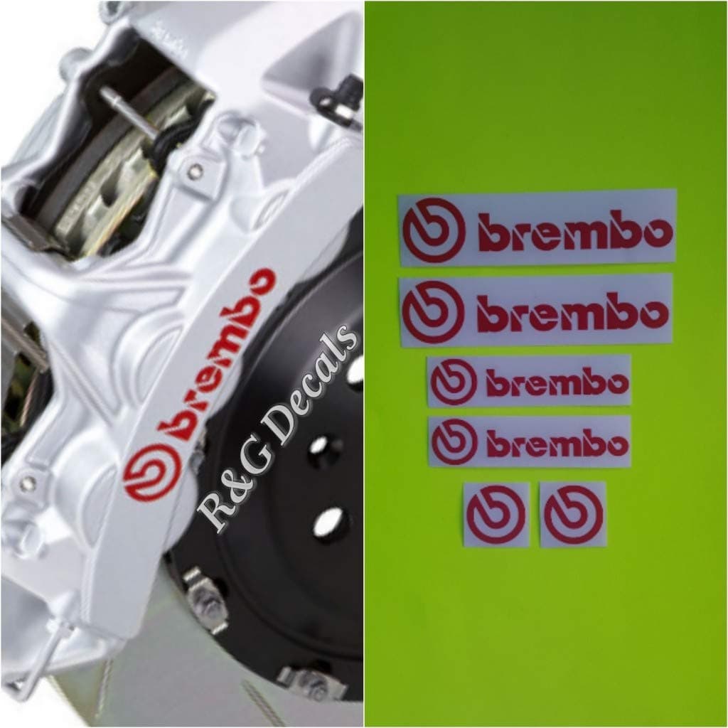 BremboR&G Decal Combo Package for 6 Piston & 4 Piston Calipers - Red Brembo Logos - High Temp Vinyl Decals (6 Pack) - Outdoor Use - Metal Surface