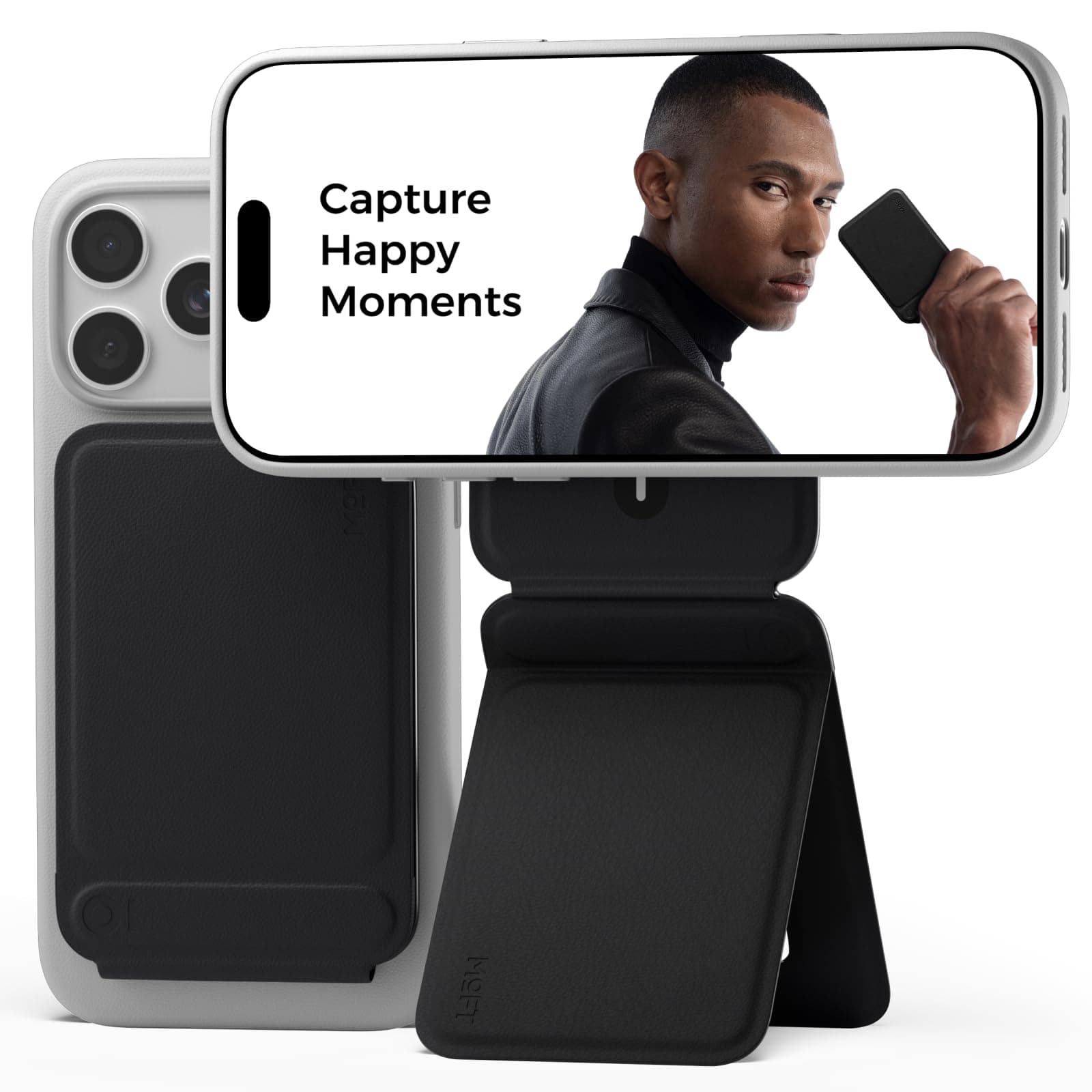 MOFT Phone Tripod Stand Selfie Stick for iPhone, Multi-Angles iPhone Stand, Lightweight & Portable Phone Holder, Strong Magnets, MOVAS Vegan Leather, Travel Essentials, Jet Black (Without Card Slot)