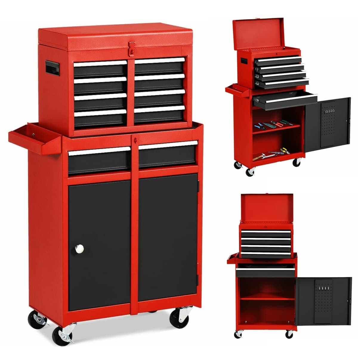 ERGOMASTER 5-Drawers Tool Chest Cabinet High Capacity Tool Storage Cabinet with Wheels and Locking System, Removable Toolbox Organizer with Sliding Drawers (Standard 5 Drawers，Black&Red)