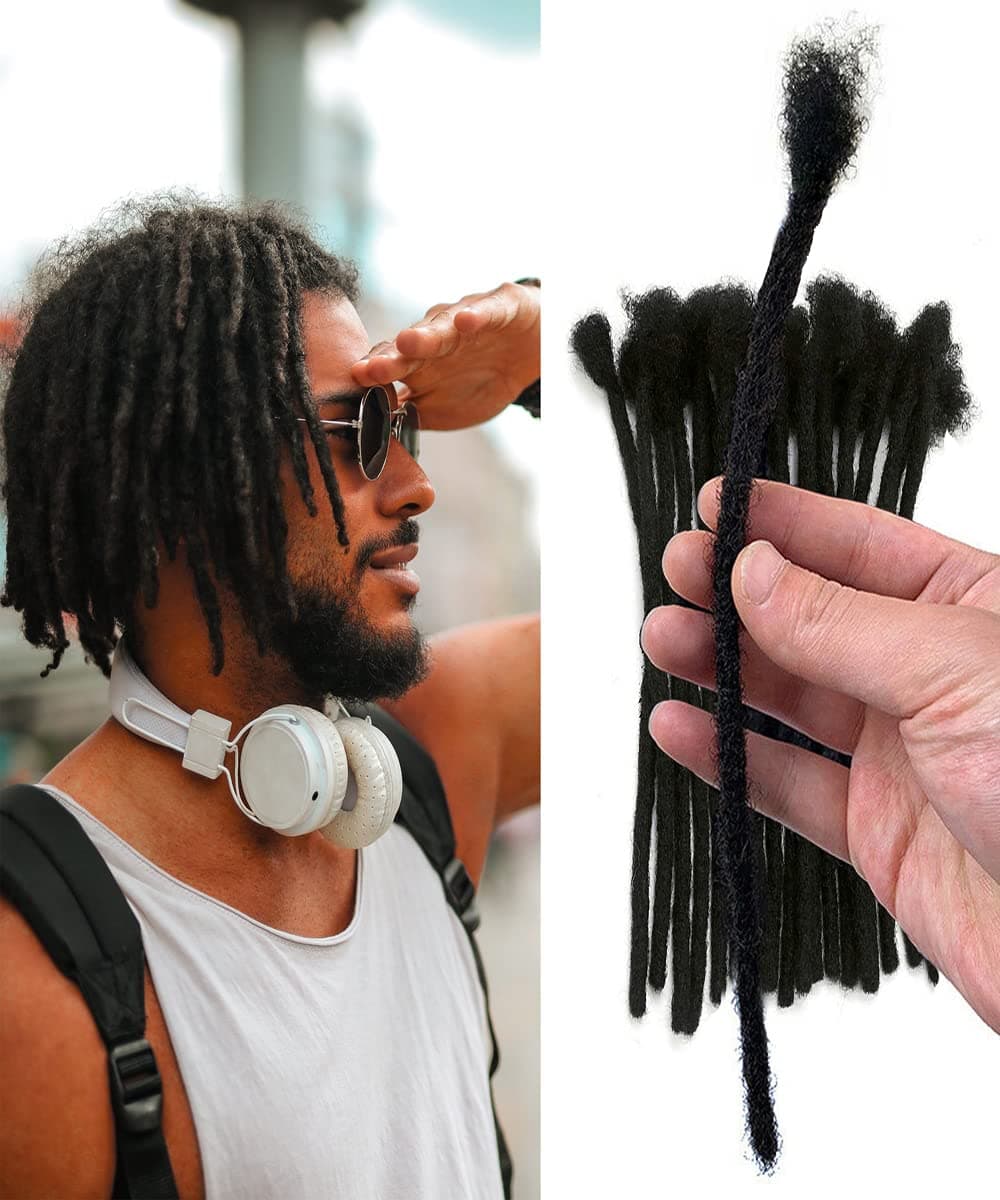 0.4cm and 0.6cm Width 4-16 Inch 10-100 Strands Options 100% Human Hair Dreadlock Extensions for Men Women Kids Full Handmade Human Loc Extensions with Needle and Comb(0.6cm, 8inch, 10Strands)