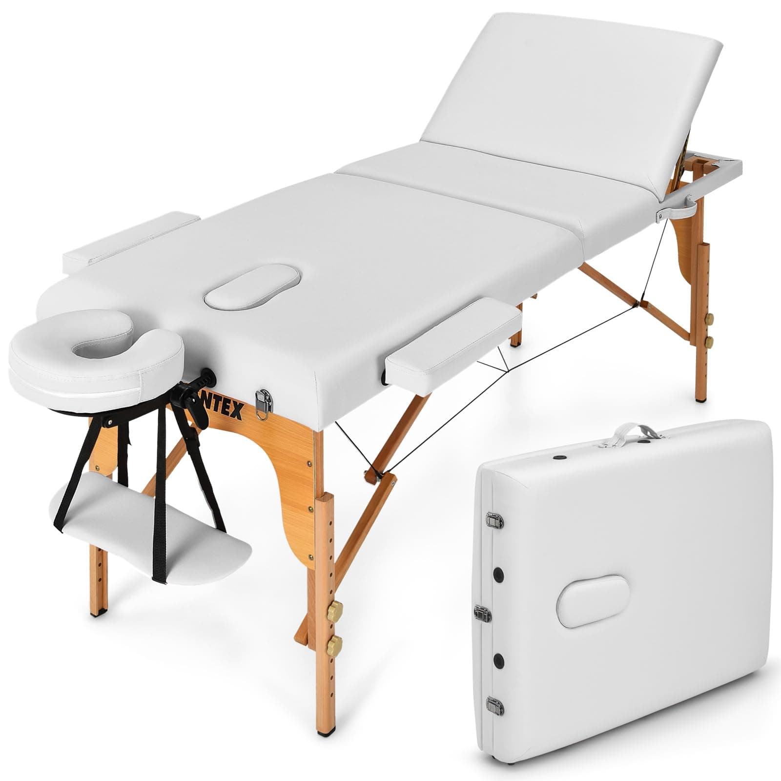 Giantex 84inch Folding Massage Table Lash Bed, Portable 3 Sections Spa Salon Tattoo Bed with Face Cradle Armrests Wooden Legs, Professional Massage Bed Height Adjustable with Carry Case (White)