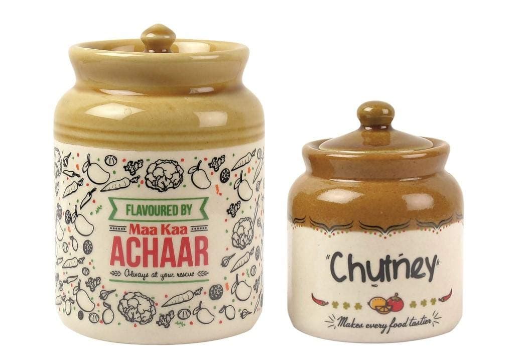 EK DO DHAI (DEVICE) Ek Do Dhai Stoneware Jar Set With Lid, For Achaar & Pickle Sukha Masala, Chutney Etc - Pack Of 2-700Ml And 300Ml